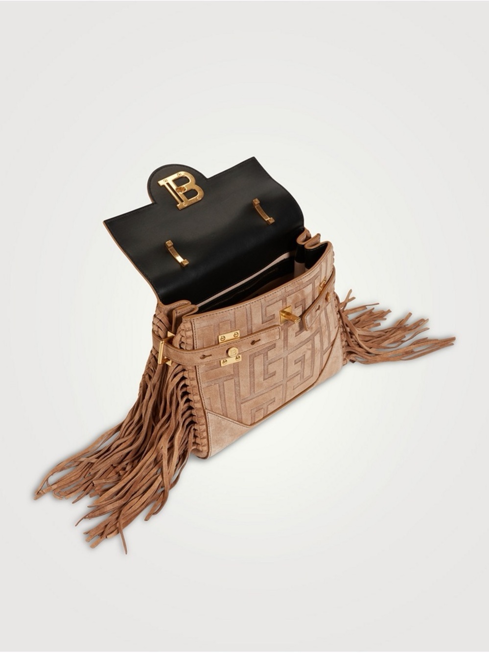 Balmain Taupe Suede Fringed Top Handle Satchel with Gold BB Hardware! Excellent - Picture 3 of 5